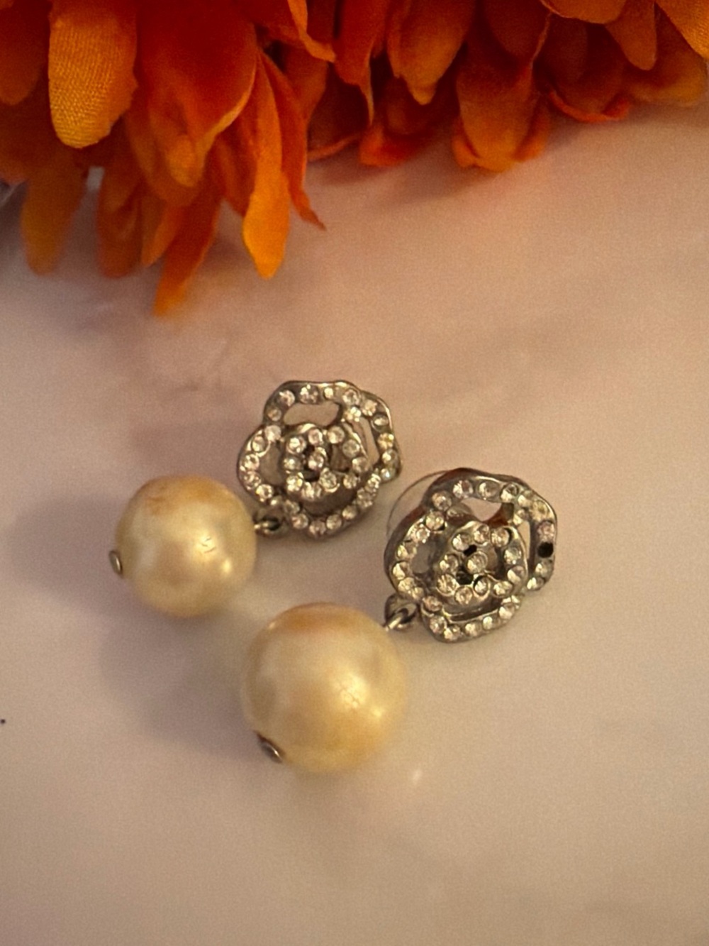 Forever 21 Cream Pearl Drop Earrings with Silver Crystal Rosettes